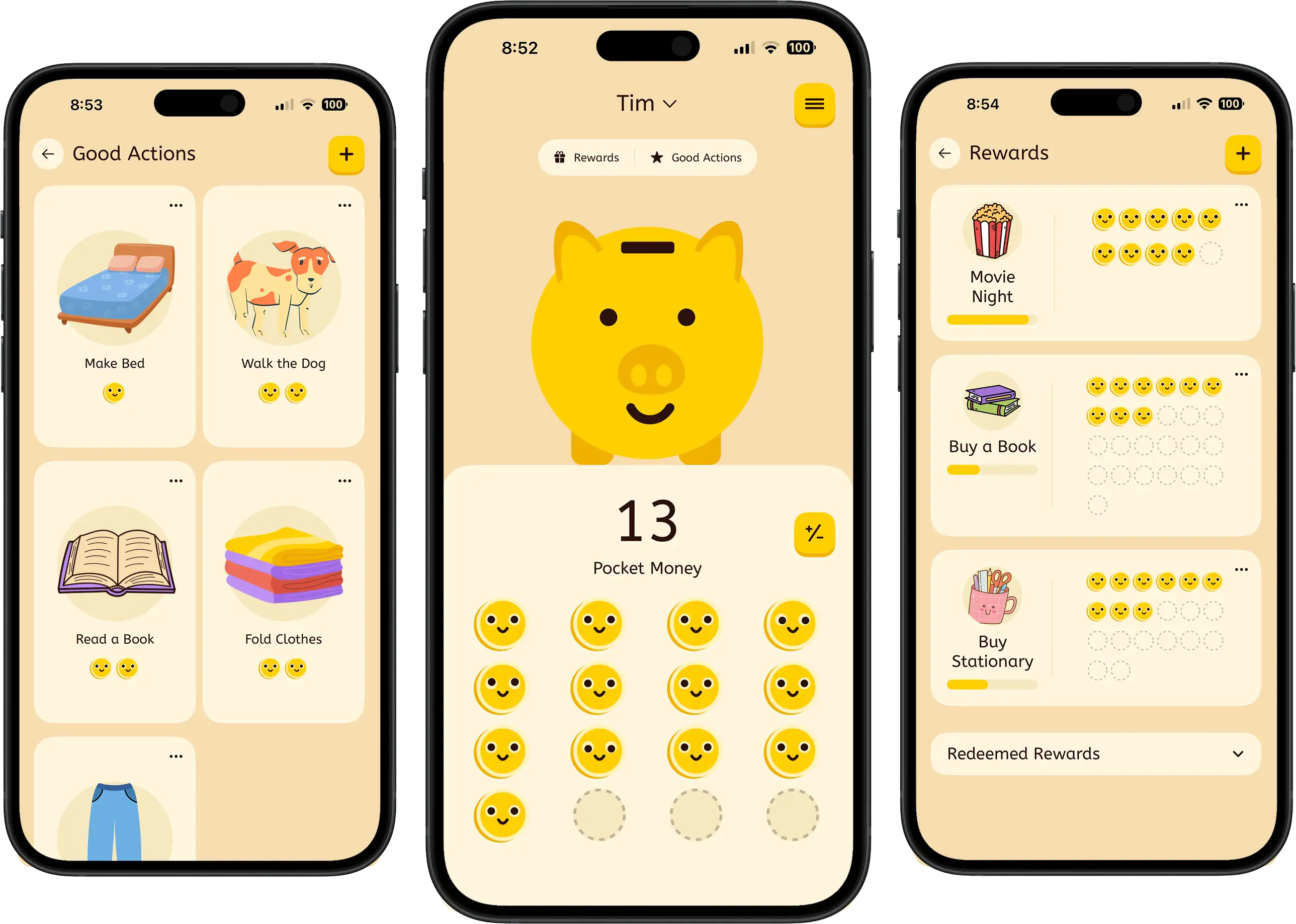 PiggyBank app screens: good actions, the piggy bank with pocket money coins, and saving rewards