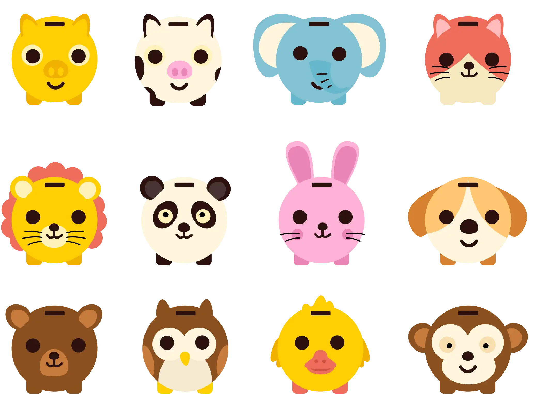 Twelve piggy bank characters: pig, cow, elephant, cat, lion, panda, bunny, dog, bear, owl, duck and monkey