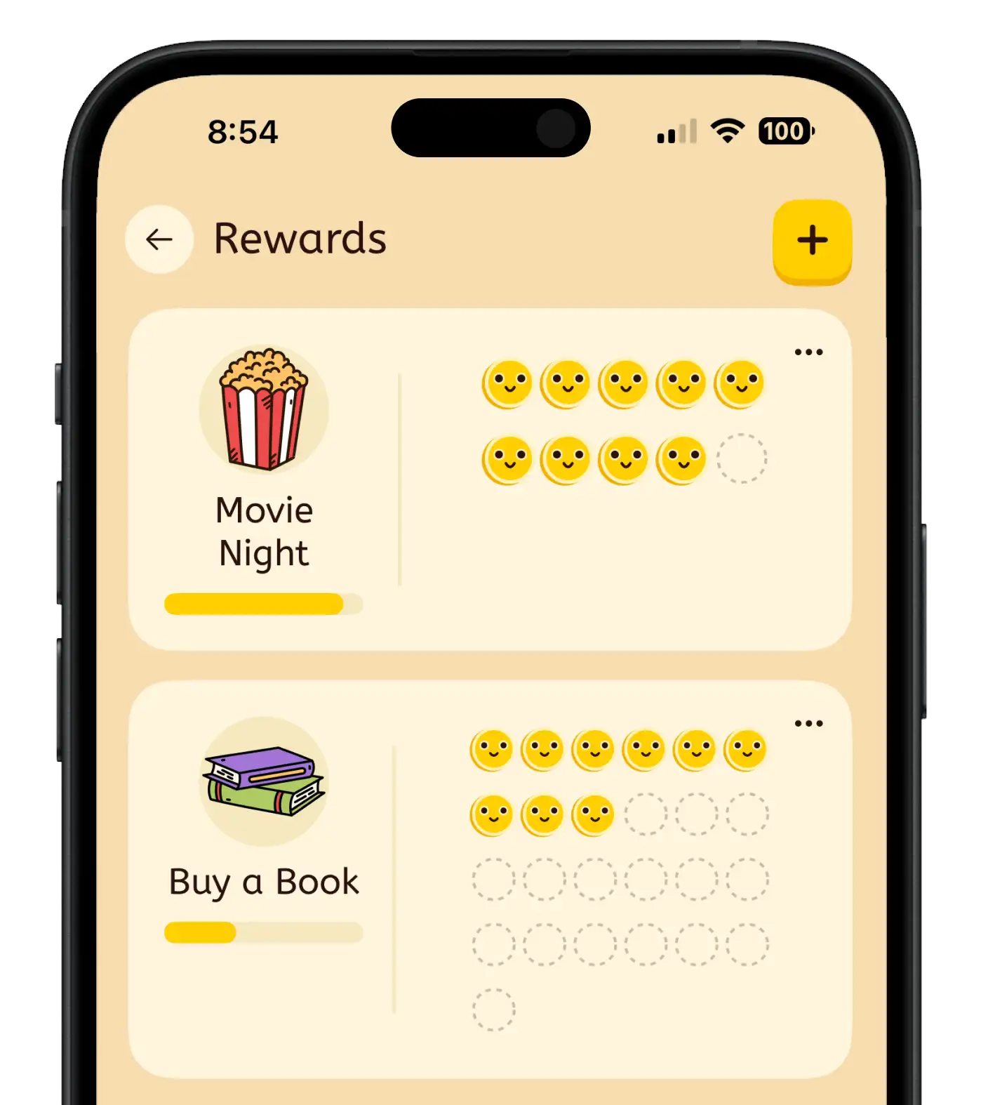 A rewards list in the app showing coins collected towards Movie Night and Buy a Book